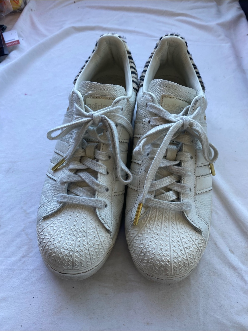 adidas Women’s White Sneakers with Gold Lace Tips and Zebra pony hair heel